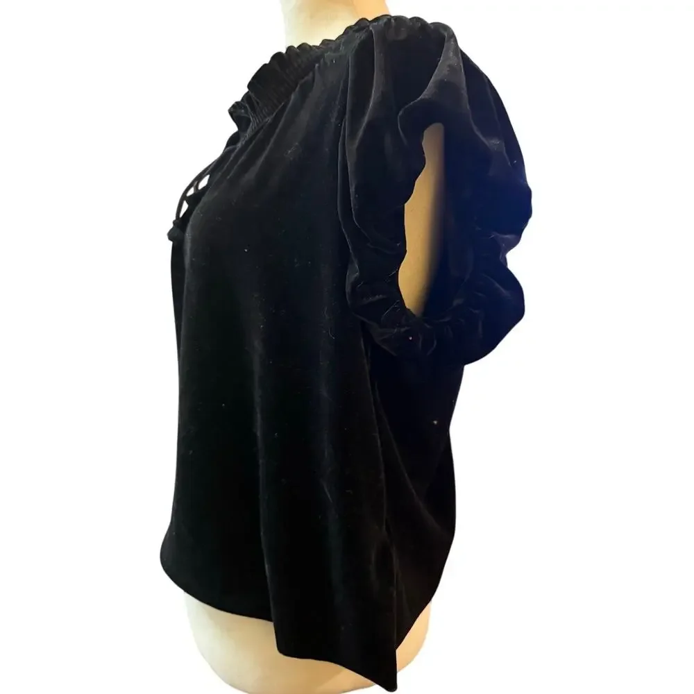 Free People Terese Black Velvet Babydoll Puff Sleeve Top, Romantic, Size Large